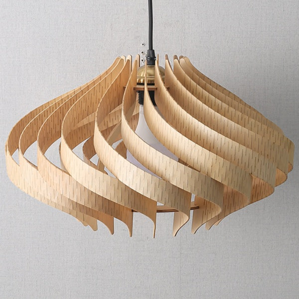 Modern Curved Wood Veneer Swirl Pendant Light - Japandi Onion Dome Chandelier