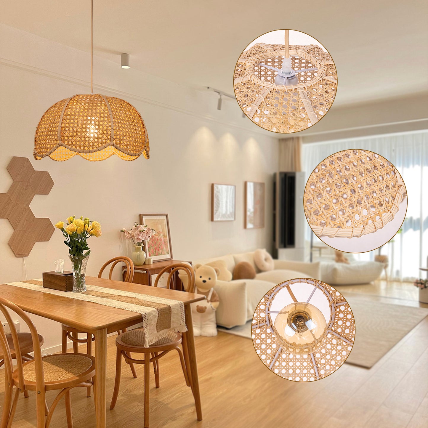Modern Hand-Woven Rattan Scalloped Pendant Light - Japandi Wavy Dome Chandelier