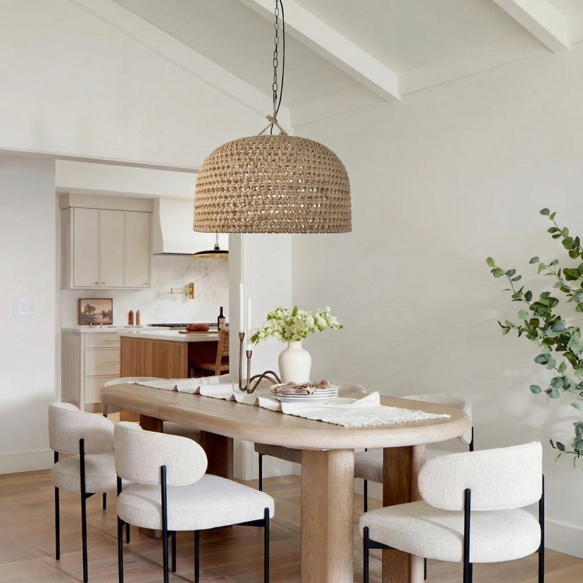 Hand-Woven Jute Rope Pendant Light - Coastal Dome Basket Chandelier