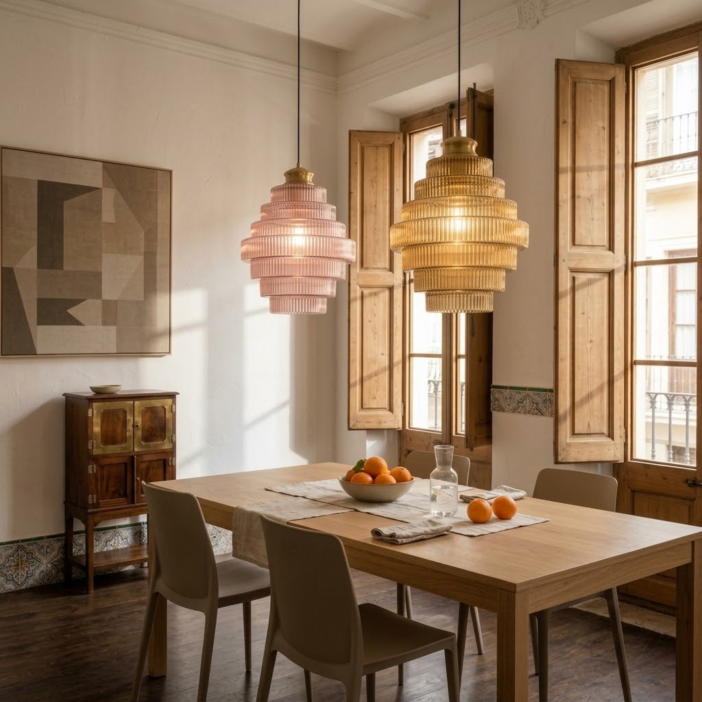 Tiered Ribbed Glass Pendant Light | Sculptural Hand-Blown Glass & Brushed Brass