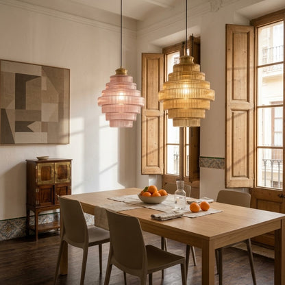 Tiered Ribbed Glass Pendant Light | Sculptural Hand-Blown Glass & Brushed Brass