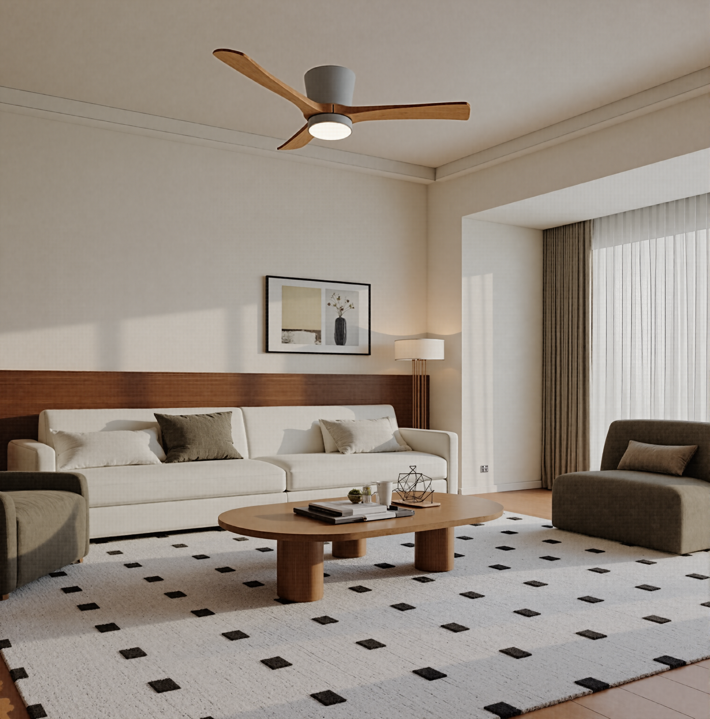 Modern Low Profile Solid Wood Ceiling Fan with Light - 3-Blade Hugger LED Fan Flush Mount