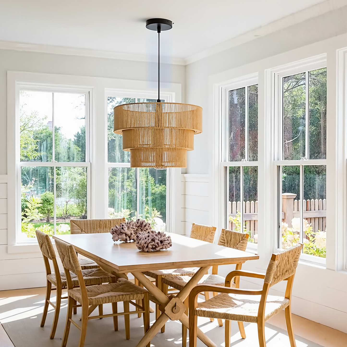 Modern 3-Tier Natural Jute Rope Chandelier - Layered Boho Drum Pendant Light