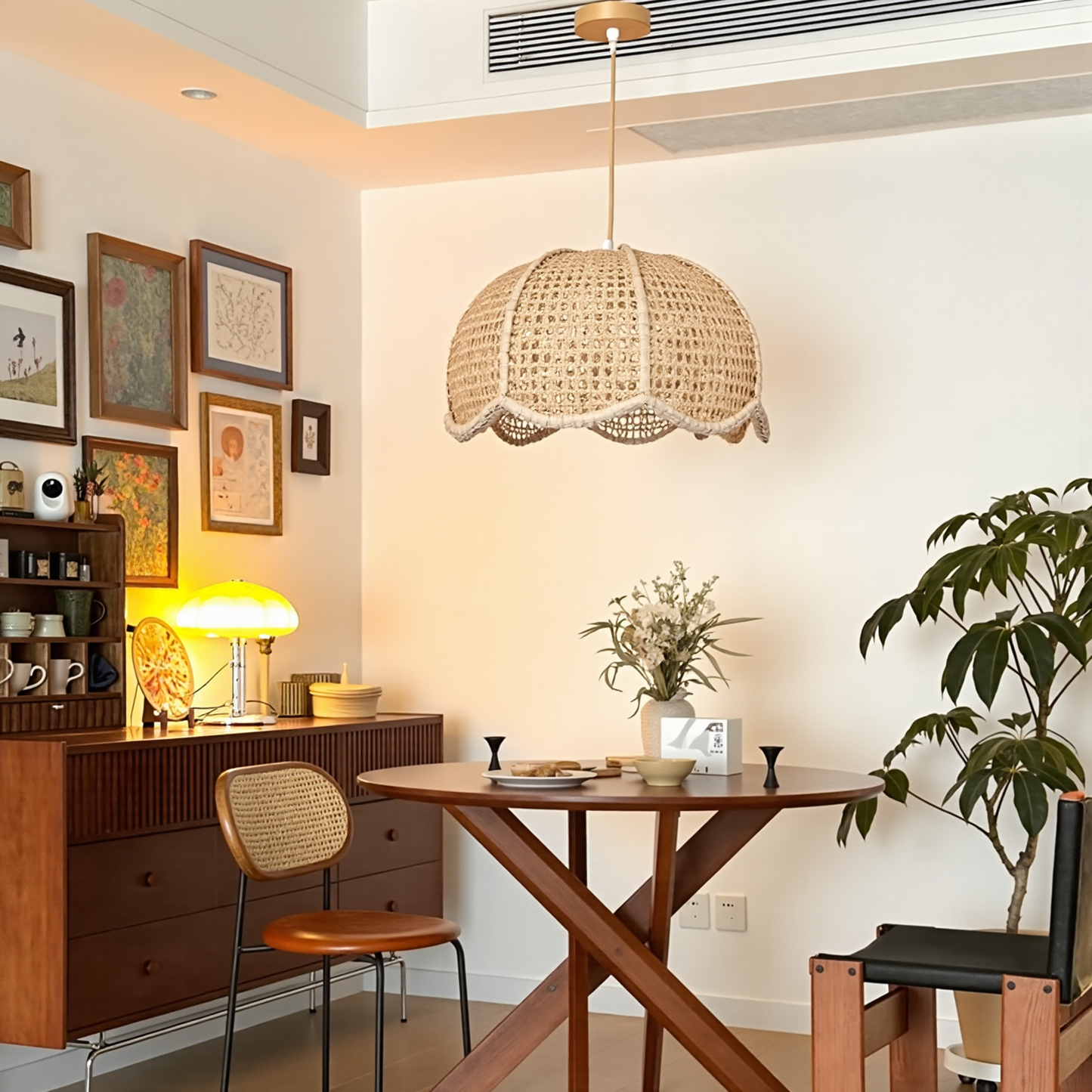 Modern Hand-Woven Rattan Scalloped Pendant Light - Japandi Wavy Dome Chandelier