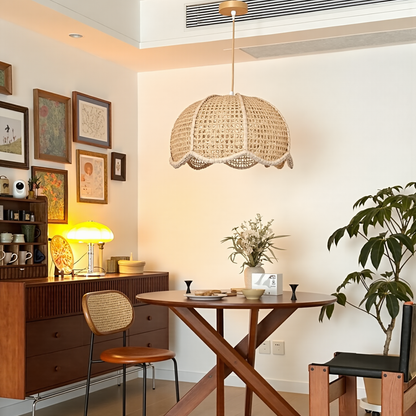 Modern Hand-Woven Rattan Scalloped Pendant Light - Japandi Wavy Dome Chandelier