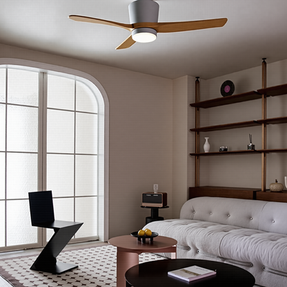Modern Low Profile Solid Wood Ceiling Fan with Light - 3-Blade Hugger LED Fan Flush Mount