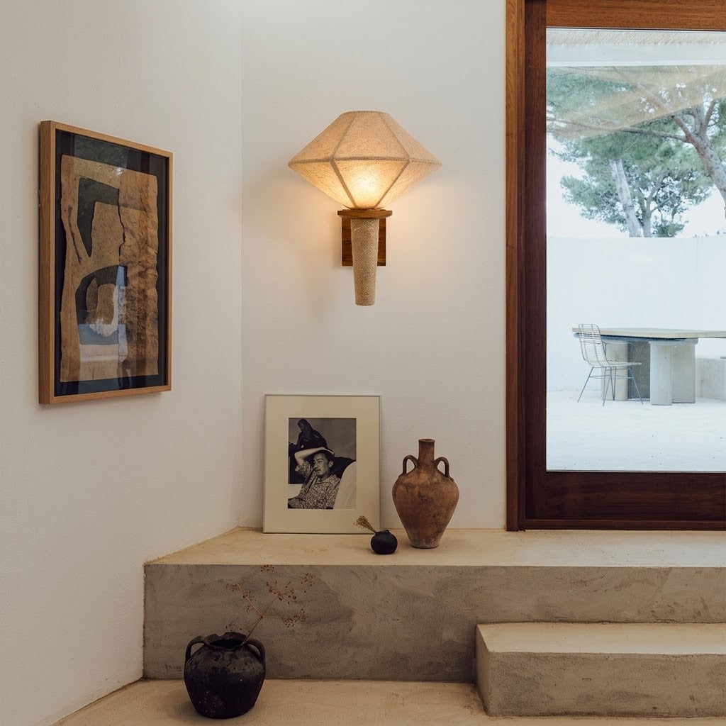 Natural Wood Fabric Geometric Japandi Wall Sconce