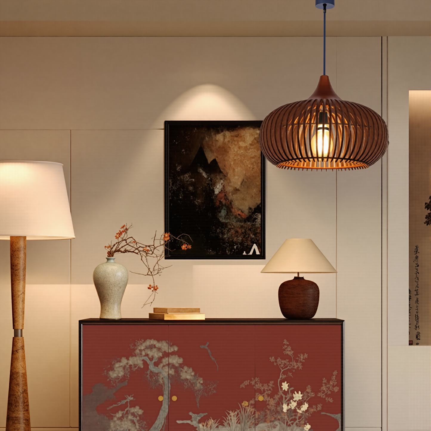 Modern Slatted Wood Pendant Light - Nordic Pumpkin Wood Chandelier