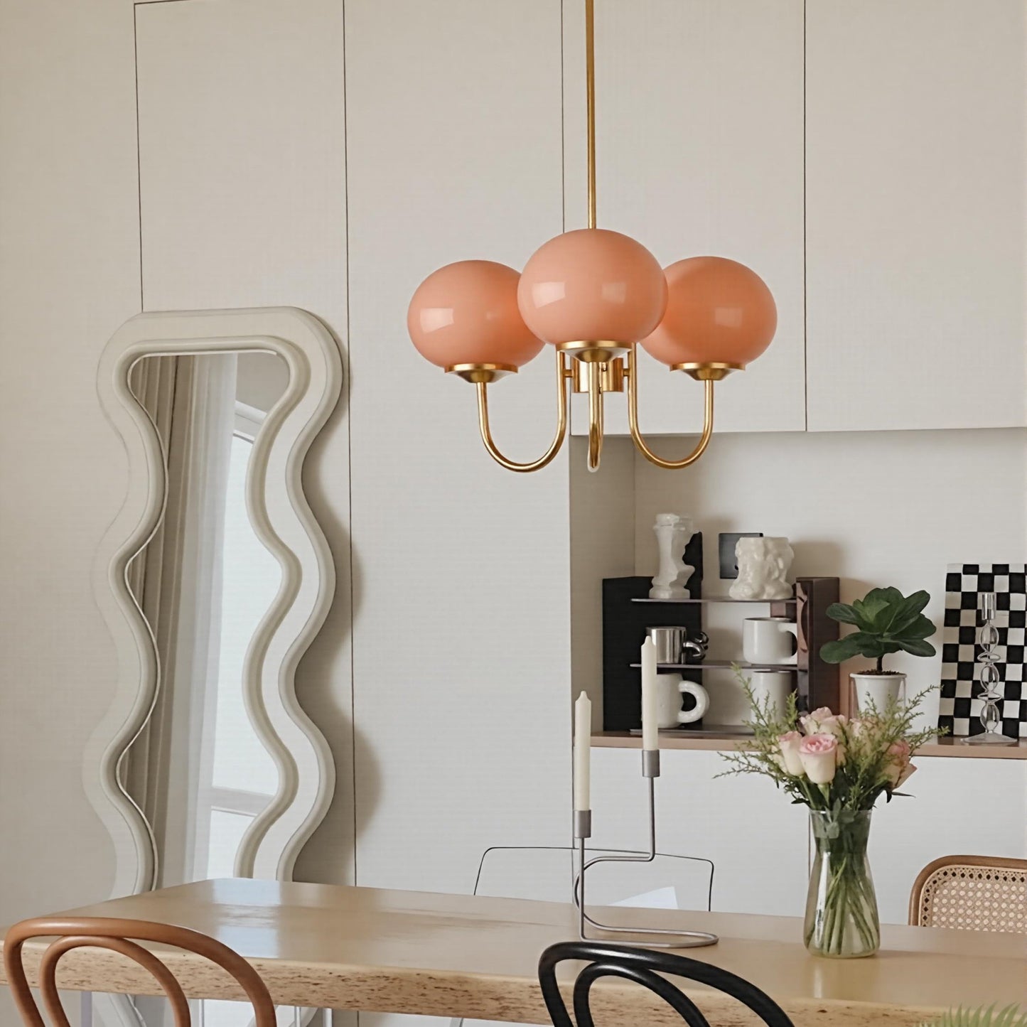 Modern Gooseneck Globe Chandelier - Mid-Century Pink & Orange Glass Pendant