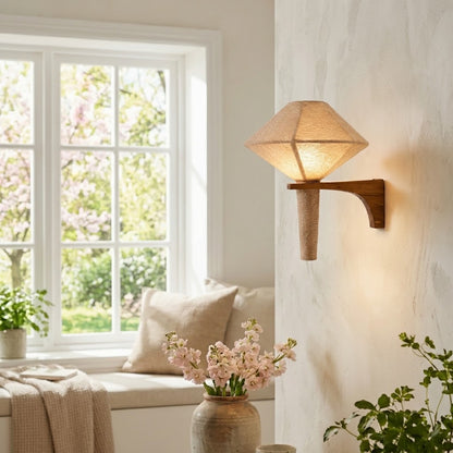 Natural Wood Fabric Geometric Japandi Wall Sconce