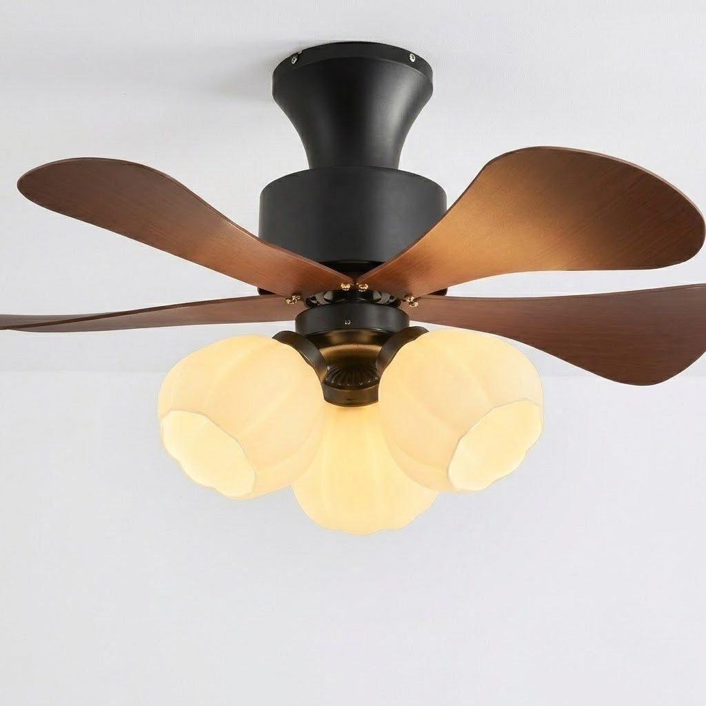 Nordic Wood Effect Ceiling Fan with Light, Frosted Flower Glass Shades for Bedroom & Living Room