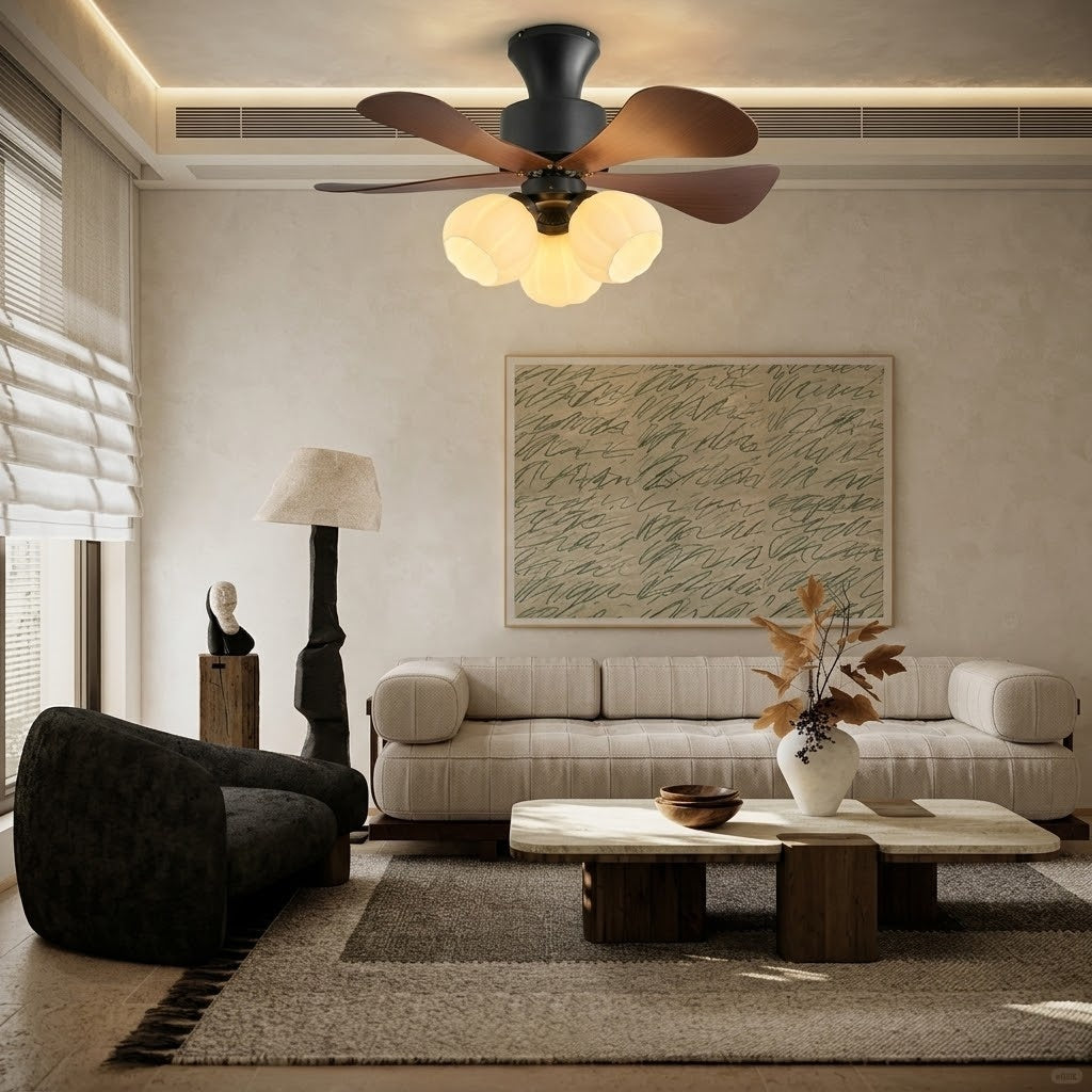 Nordic Wood Effect Ceiling Fan with Light, Frosted Flower Glass Shades for Bedroom & Living Room