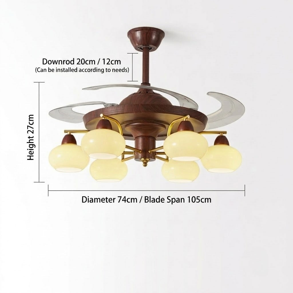 Retractable Ceiling Fan Light - Walnut & Glass Globes