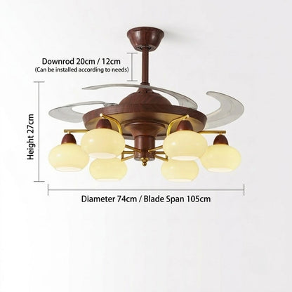 Retractable Ceiling Fan Light - Walnut & Glass Globes