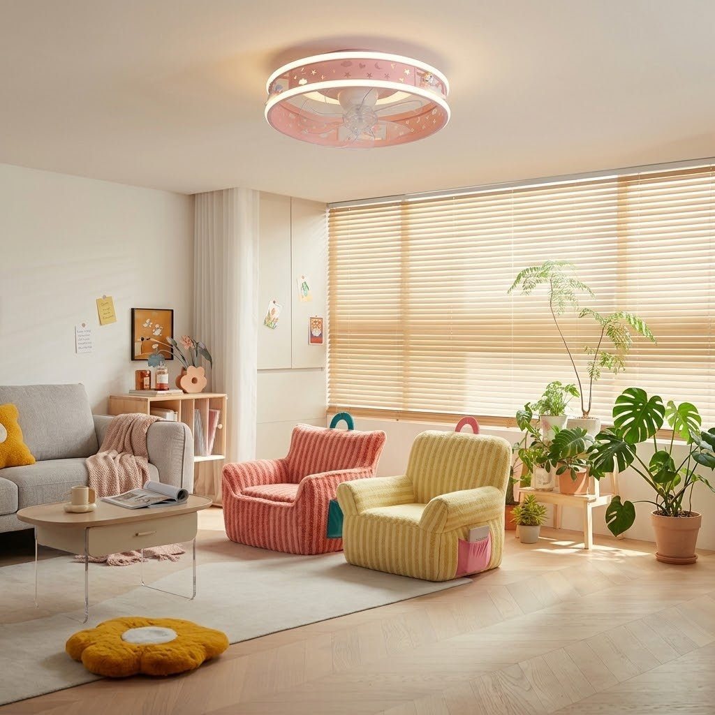 Kids Ceiling Fan with LED Light Cute Round Design
