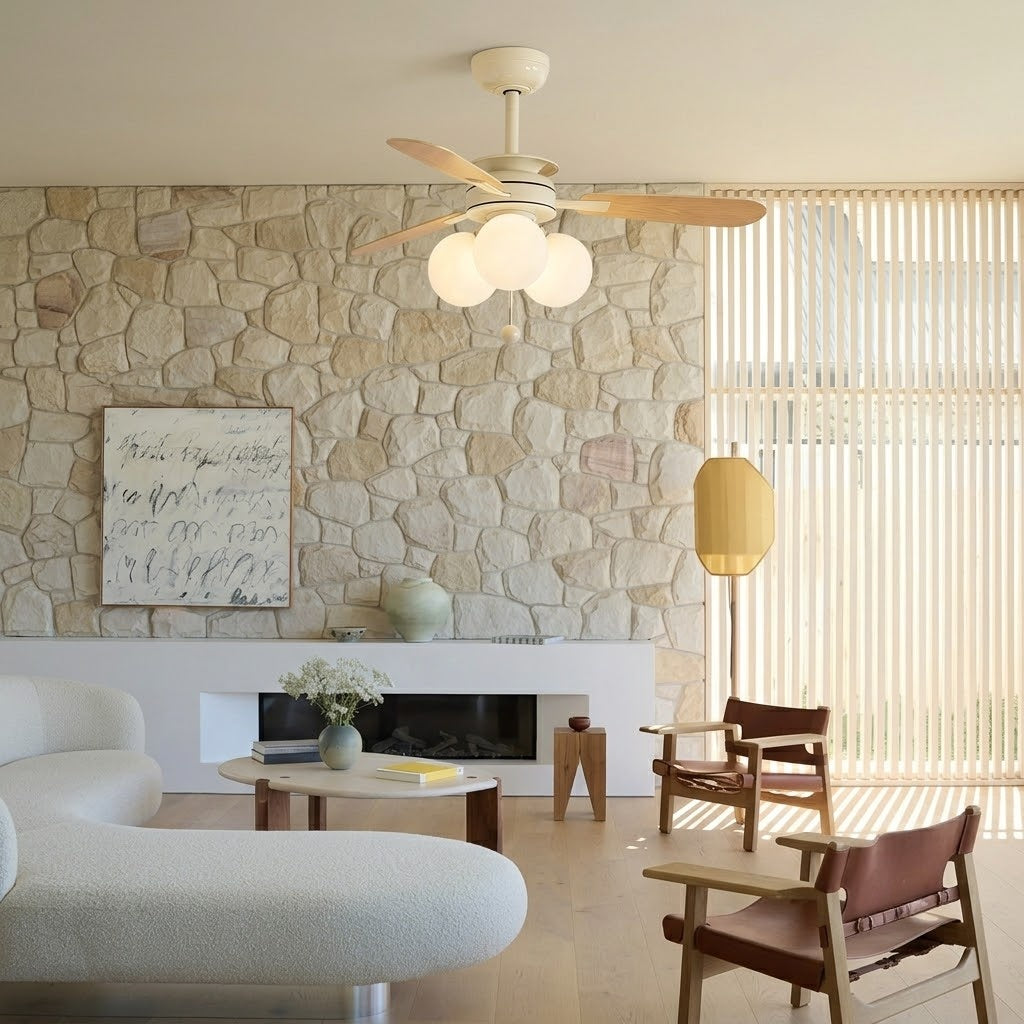 Modern Nordic Wooden Ceiling Fan with Light, 3 Glass Shades for Bedroom Living Room