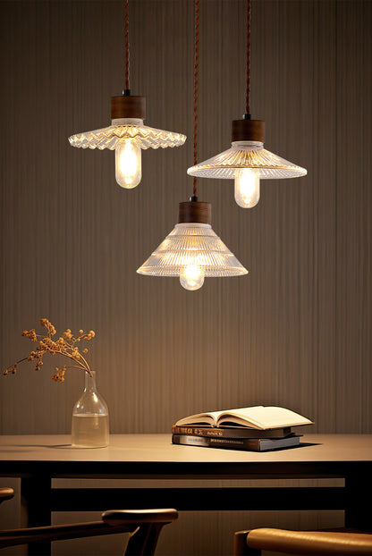 Light Luxury Simple Walnut Wood and Glass Pendant Light for Bedroom