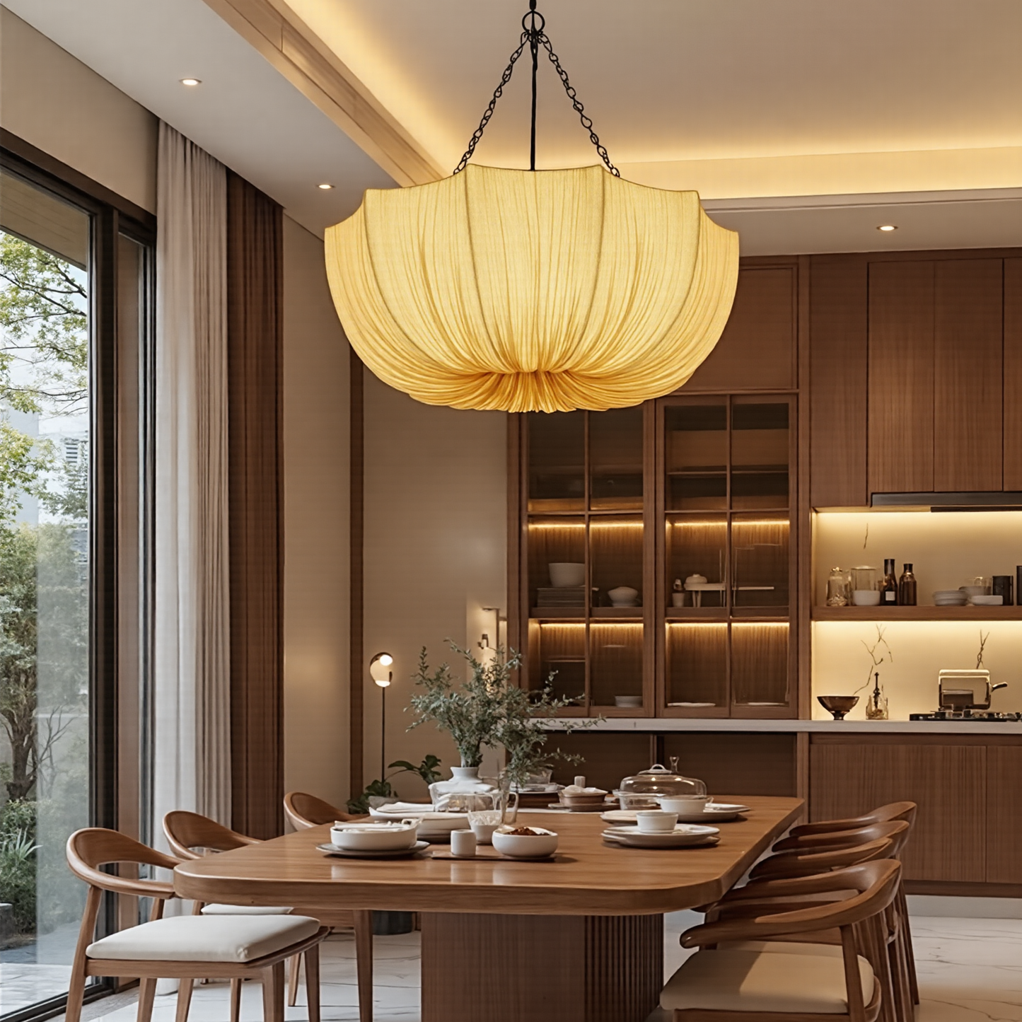 Modern Pleated Fabric Parasol Chandelier - Japandi Organic Modern Pendant Light