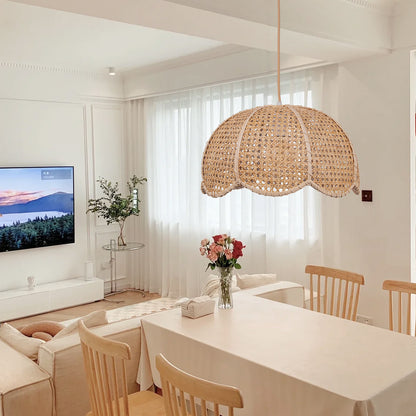 Modern Hand-Woven Rattan Scalloped Pendant Light - Japandi Wavy Dome Chandelier