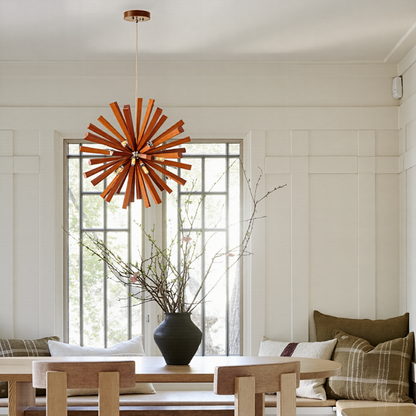 Mid-Century Solid Wood Starburst Chandelier - Retro Wooden Sputnik Pendant Light