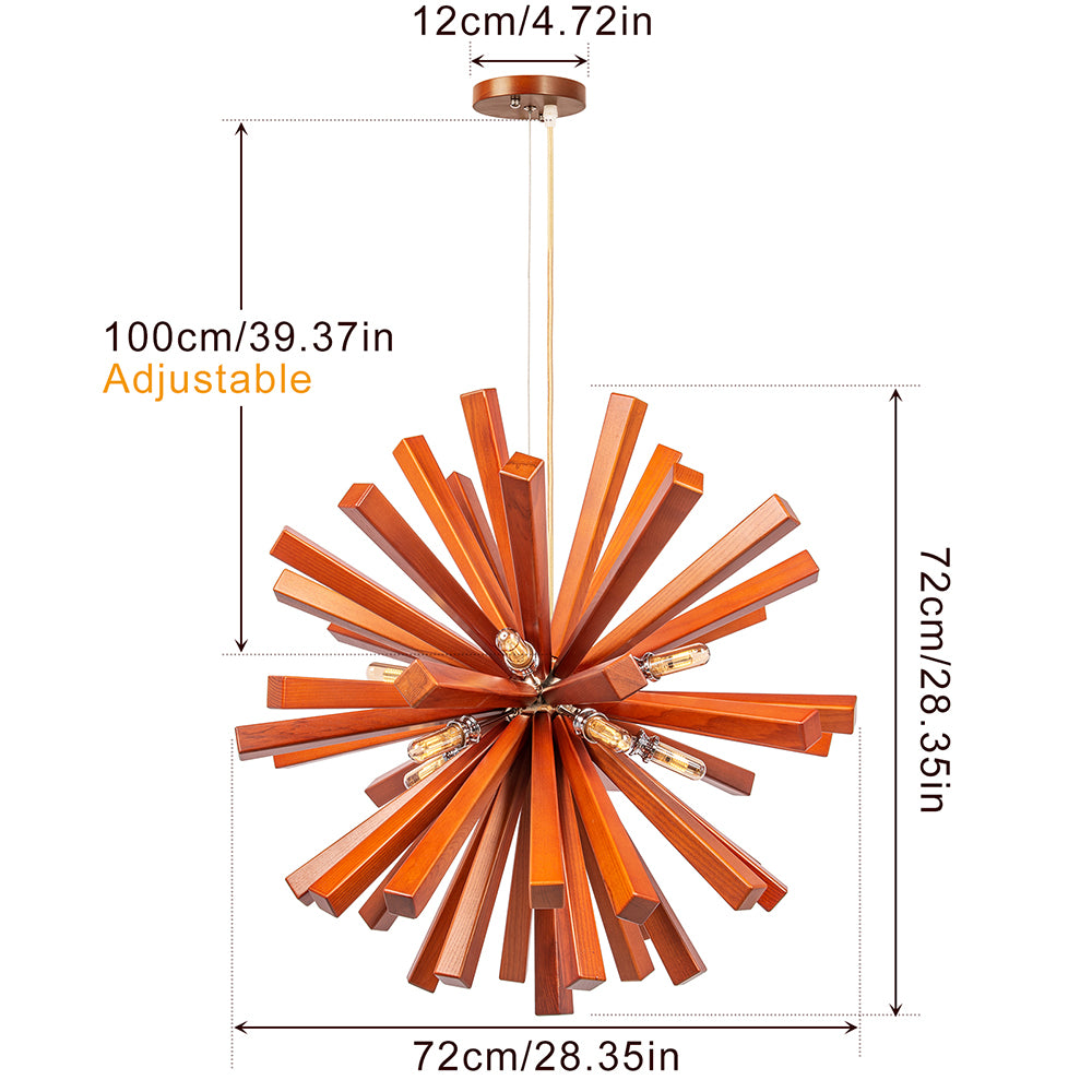 Mid-Century Solid Wood Starburst Chandelier - Retro Wooden Sputnik Pendant Light