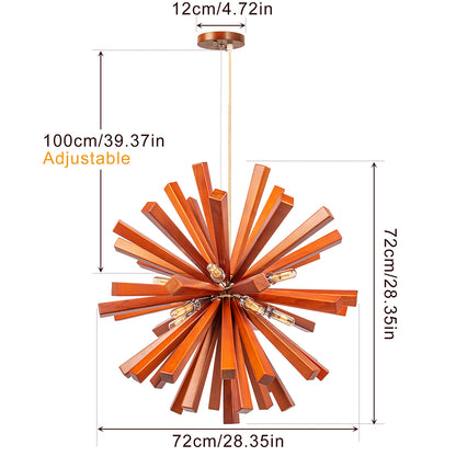 Mid-Century Solid Wood Starburst Chandelier - Retro Wooden Sputnik Pendant Light