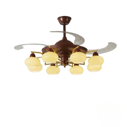 Retractable Ceiling Fan Light - Walnut & Glass Globes