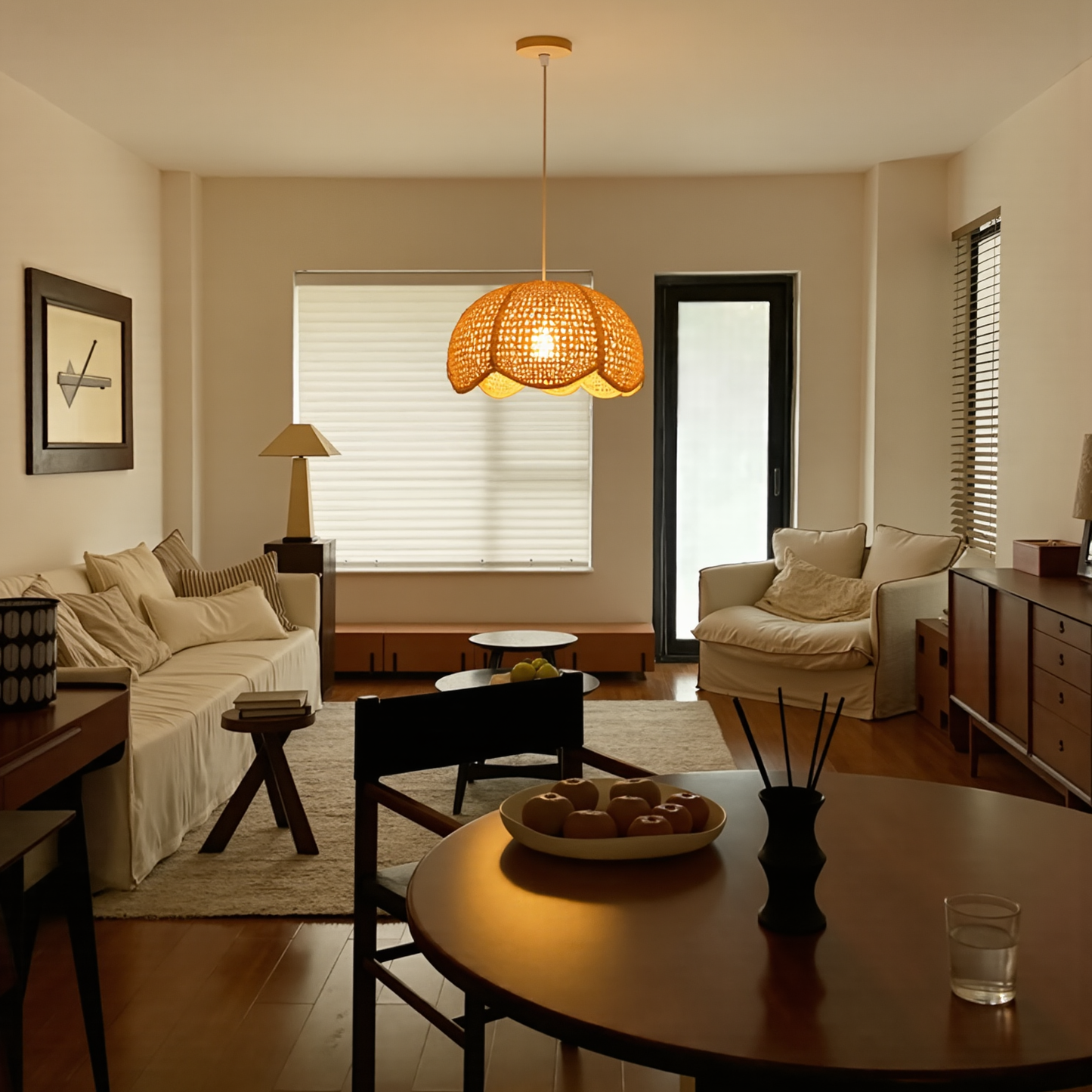 Modern Hand-Woven Rattan Scalloped Pendant Light - Japandi Wavy Dome Chandelier