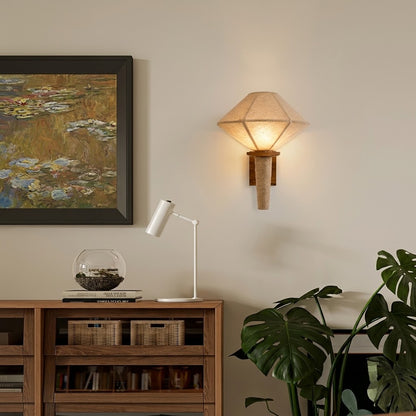 Natural Wood Fabric Geometric Japandi Wall Sconce