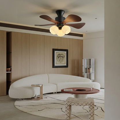 Nordic Wood Effect Ceiling Fan with Light, Frosted Flower Glass Shades for Bedroom & Living Room