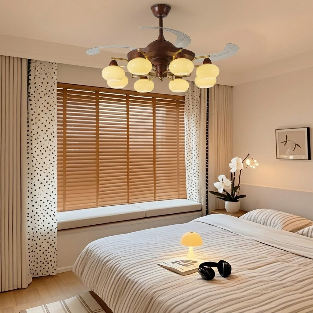 Retractable Ceiling Fan Light - Walnut & Glass Globes