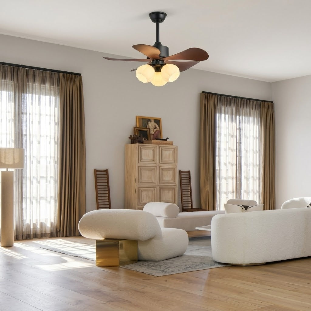Nordic Wood Effect Ceiling Fan with Light & Hanging Rod for Bedroom & Living Room