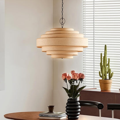 Modern Tiered Wood Veneer Chandelier - Japandi Pagoda Pendant Light