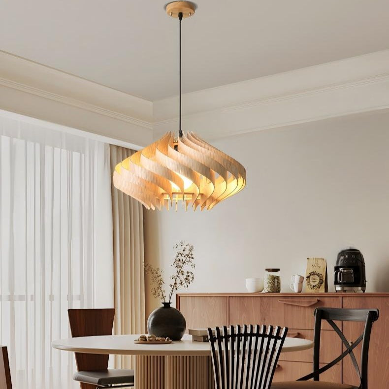 Modern Curved Wood Veneer Swirl Pendant Light - Japandi Onion Dome Chandelier