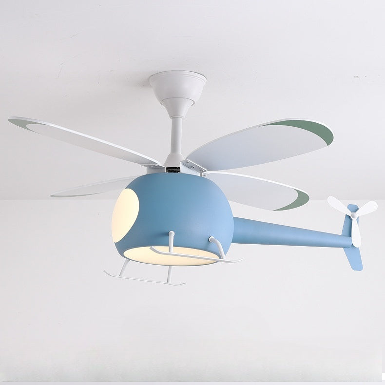 4-Blade Helicopter Ceiling Fan Lighting Kids 3-Color LED Playroom Chandelier
