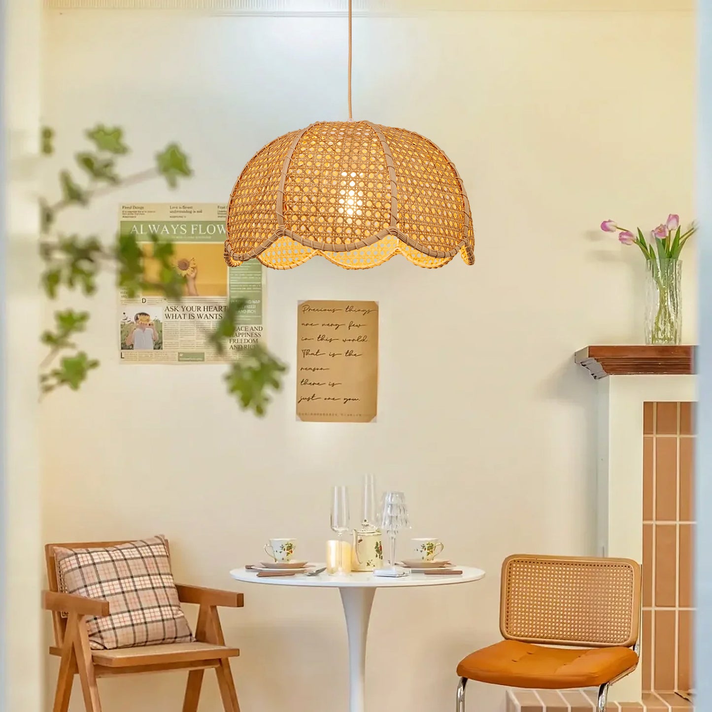 Modern Hand-Woven Rattan Scalloped Pendant Light - Japandi Wavy Dome Chandelier