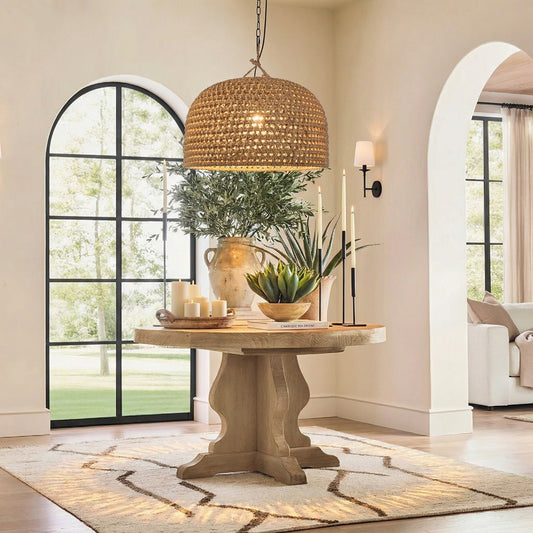 Hand-Woven Jute Rope Pendant Light - Coastal Dome Basket Chandelier