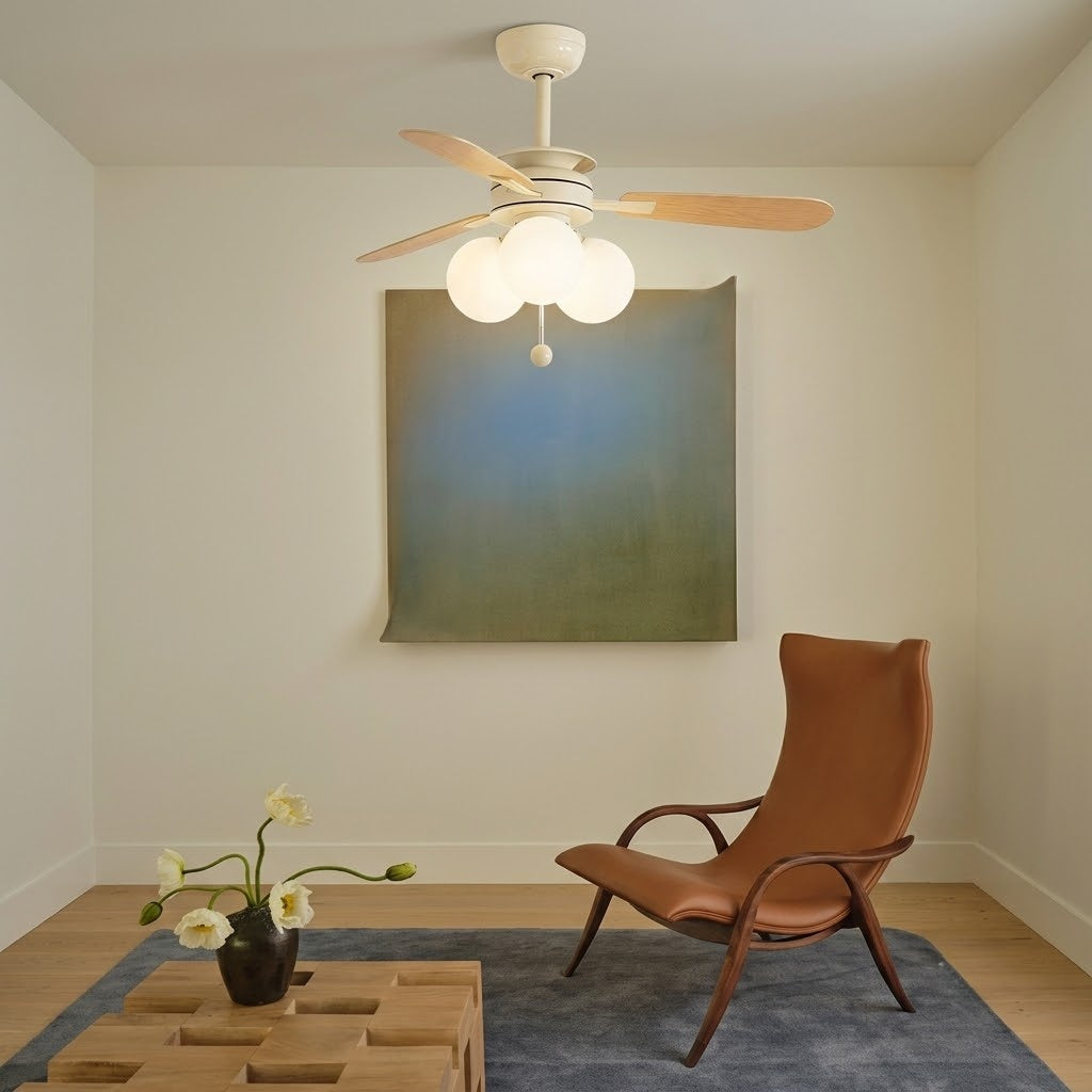 Modern Nordic Wooden Ceiling Fan with Light, 3 Glass Shades for Bedroom Living Room