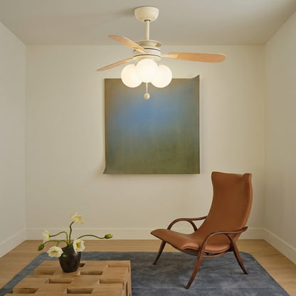 Modern Nordic Wooden Ceiling Fan with Light, 3 Glass Shades for Bedroom Living Room