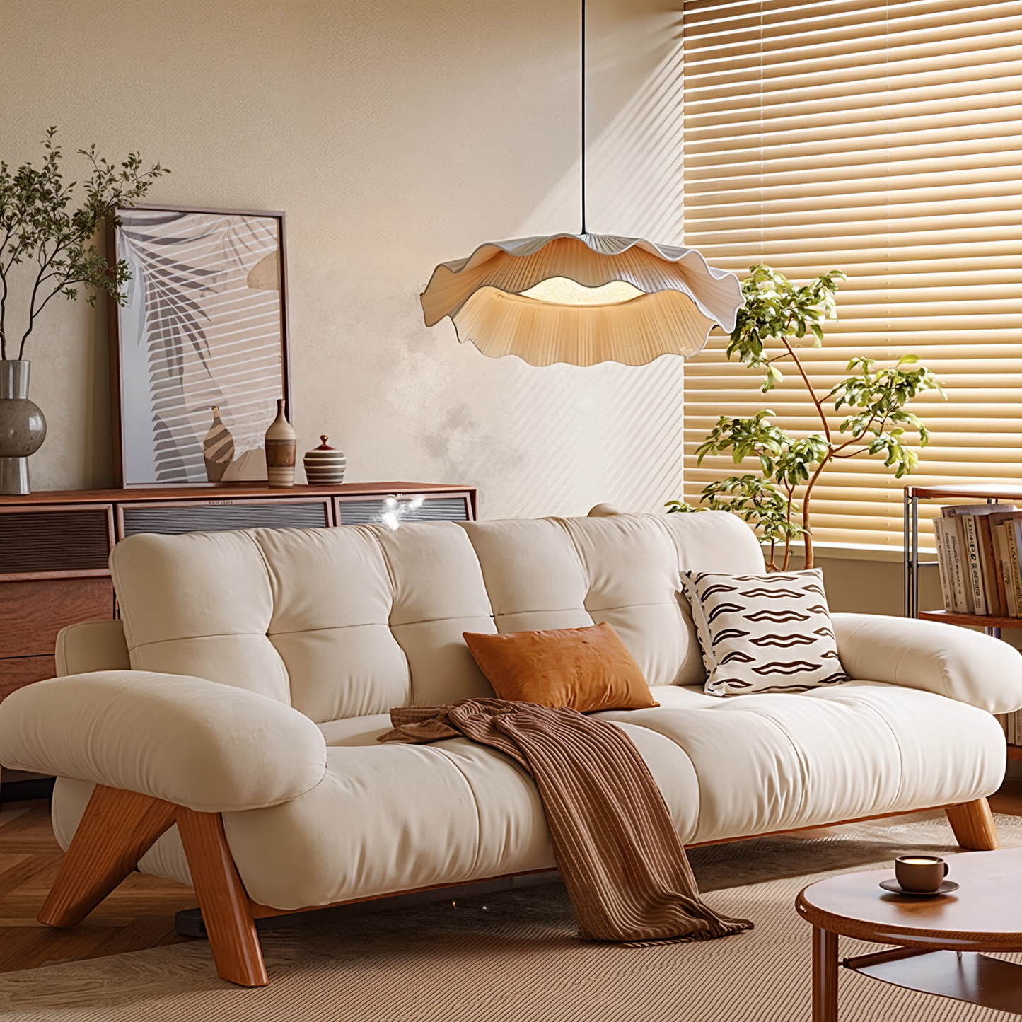 Modern 2-Tier Pleated Fabric Lotus Pendant Light - Japandi Floral Chandelier