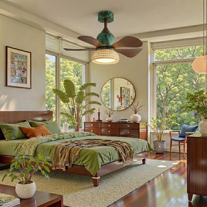 Retro Tropical Rattan Ceiling Fan with Light - 28" 5-Blade Fan