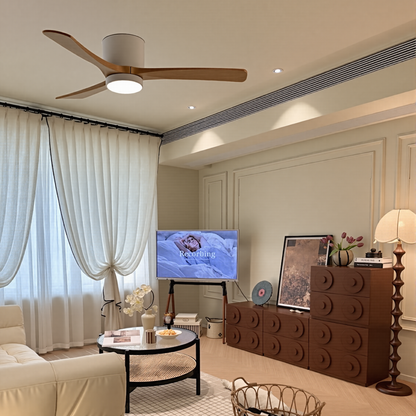 Modern Low Profile Solid Wood Ceiling Fan with Light - 3-Blade Hugger LED Fan Flush Mount