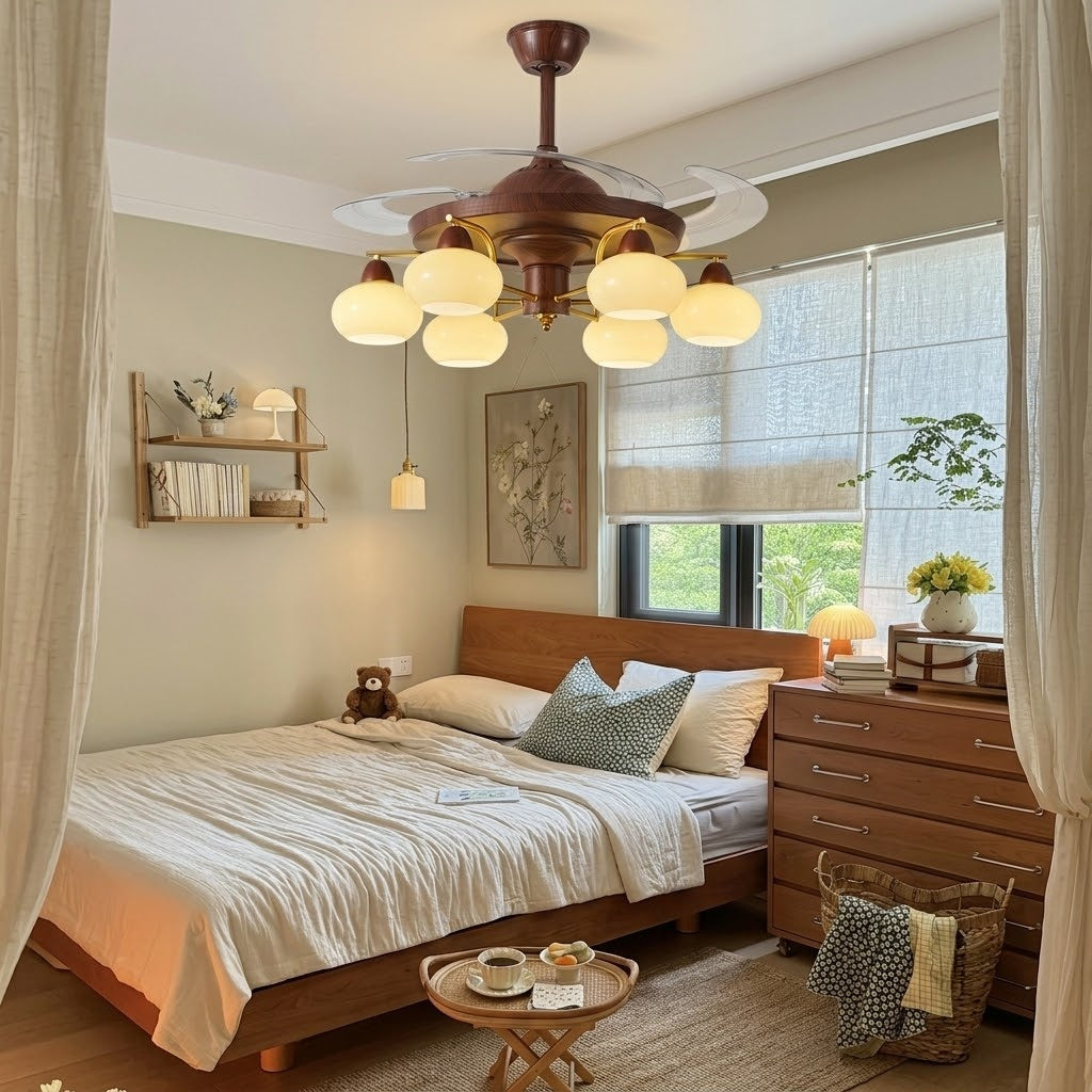 Retractable Ceiling Fan Light - Walnut & Glass Globes