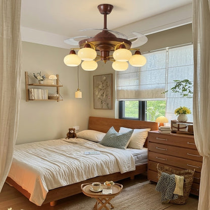 Retractable Ceiling Fan Light - Walnut & Glass Globes