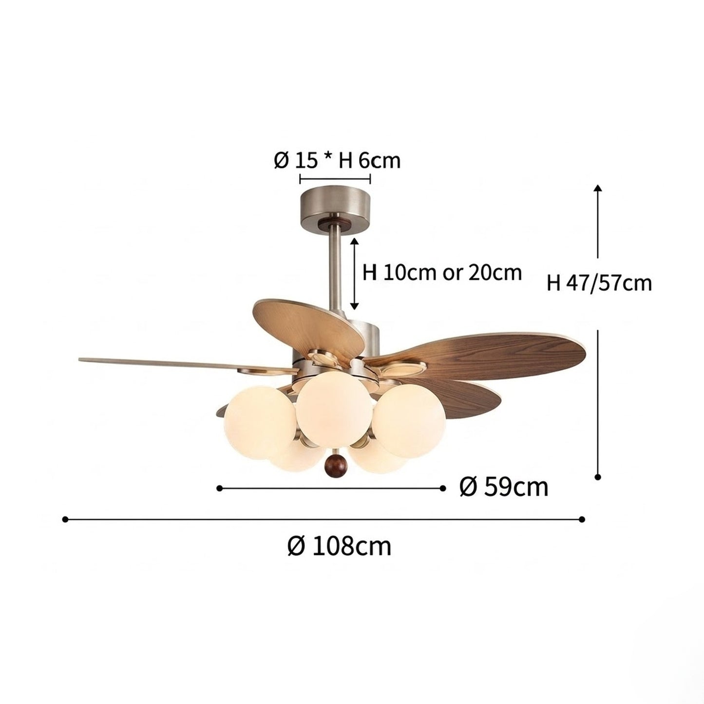 Modern Style Ceiling Fan with Light Iron & Glass Shades for Bedroom