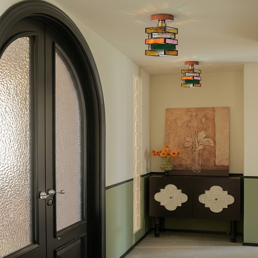 Handcrafted Vintage Geometric Stained Glass Ceiling Light