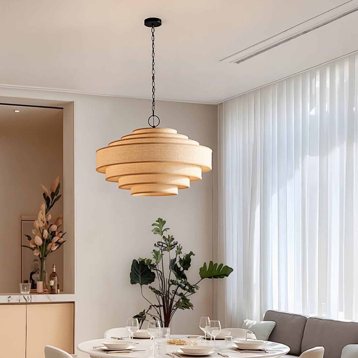 Modern Tiered Wood Veneer Chandelier - Japandi Pagoda Pendant Light