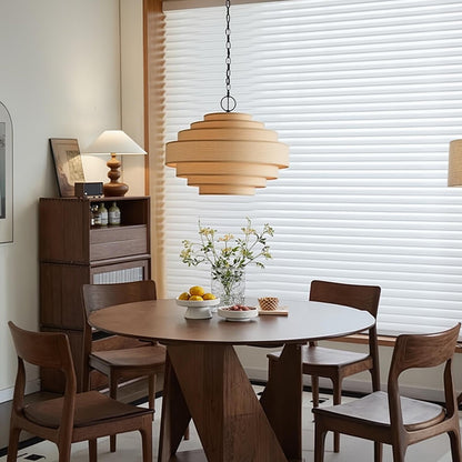 Modern Tiered Wood Veneer Chandelier - Japandi Pagoda Pendant Light