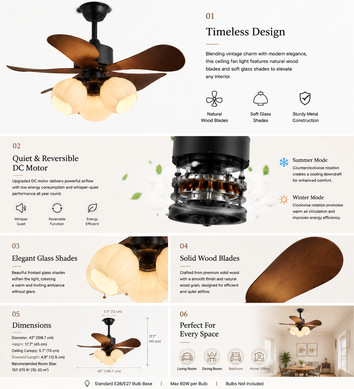 Nordic Wood Effect Ceiling Fan with Light & Hanging Rod for Bedroom & Living Room