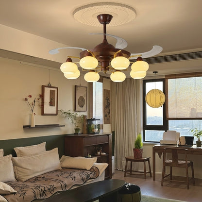 Retractable Ceiling Fan Light - Walnut & Glass Globes